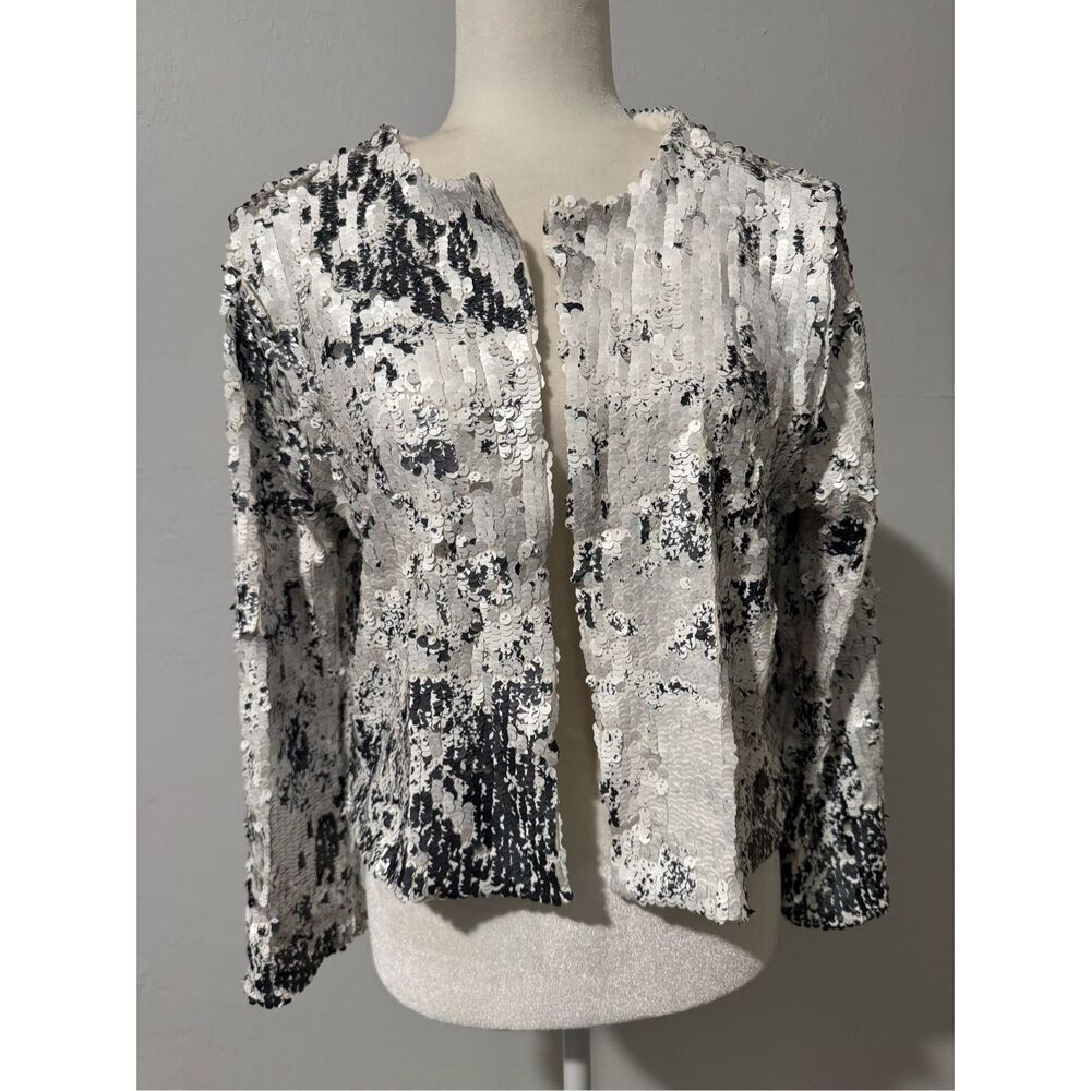 Sen white black sequin jacket open front L